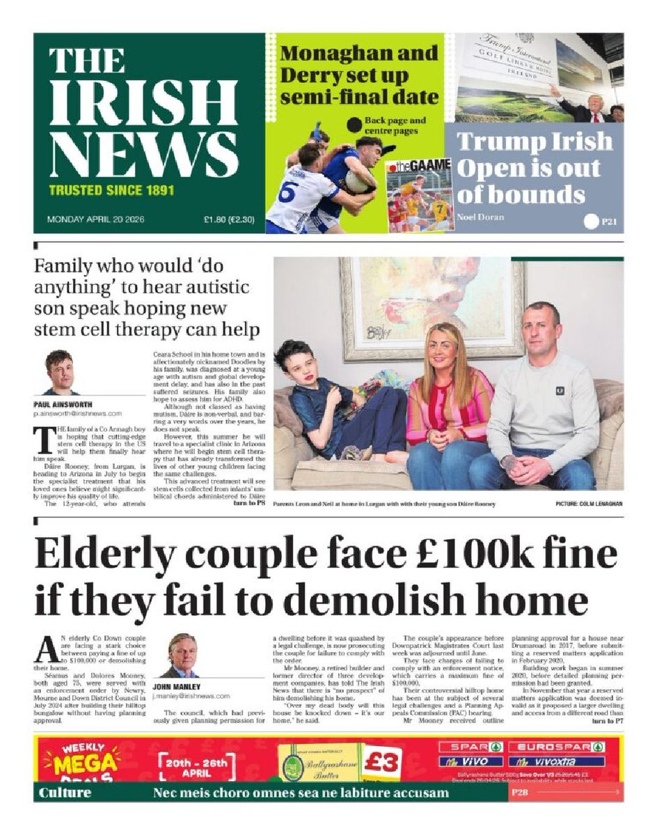 ukpapers's tweet image. Elderly couple face £100k fine if they fail to demolish home

@irish_news #frontpagestoday #IRE 🇮🇪