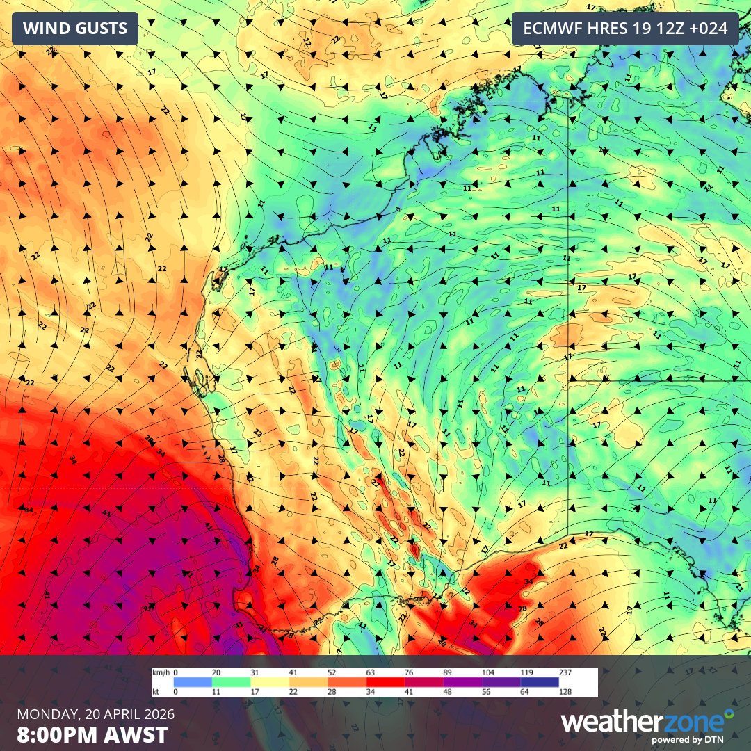weatherzone's tweet image. A powerful autumn cold front is approaching the southwest corner of #WesternAustralia, bringing storms ⚡️, strong winds, widespread showers ☔️, and a sharp temperature drop to follow on Tuesday. weatherzone.com.au/news/storms-an…