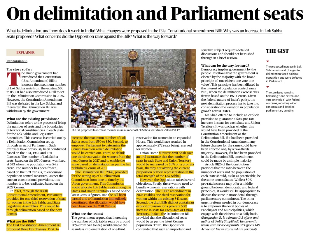 Detailed Description.  

My Take on this whole 131st Constitutional Amendment Bill 2026 is as follows.

1. This Bill has nothing to do with women's Reservation in totality. Indeed,it is just to say,to delimit the women's representation in the Lok Sabha or the States/UT,on the