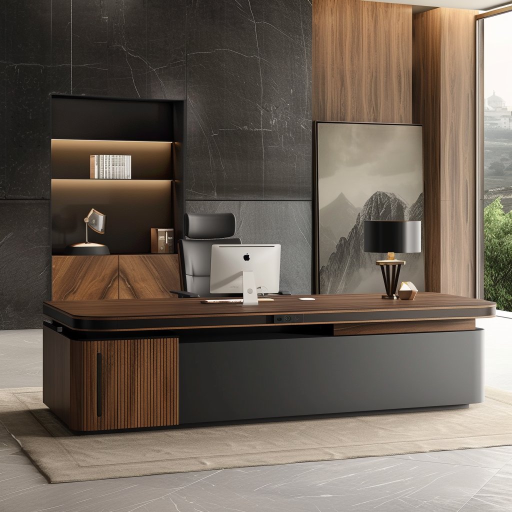 SaintcyOffice's tweet image. Refined modular order. A rich walnut top intersects with a sharp fluted pedestal and matte charcoal volumes. Designed for the highly organized executive who demands both style and utility. #minimalistoffice #workstation