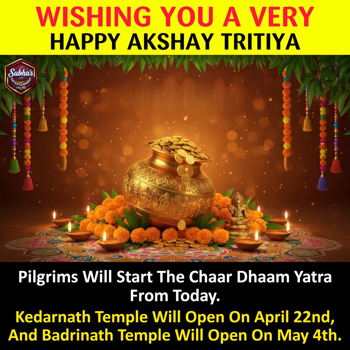 SubhaHub's tweet image. Wishing You Prosperity &amp;amp; Positivity ✨🙏
Happy Akshaya Tritiya.

#AkshayTritiya #prosperity #blessings