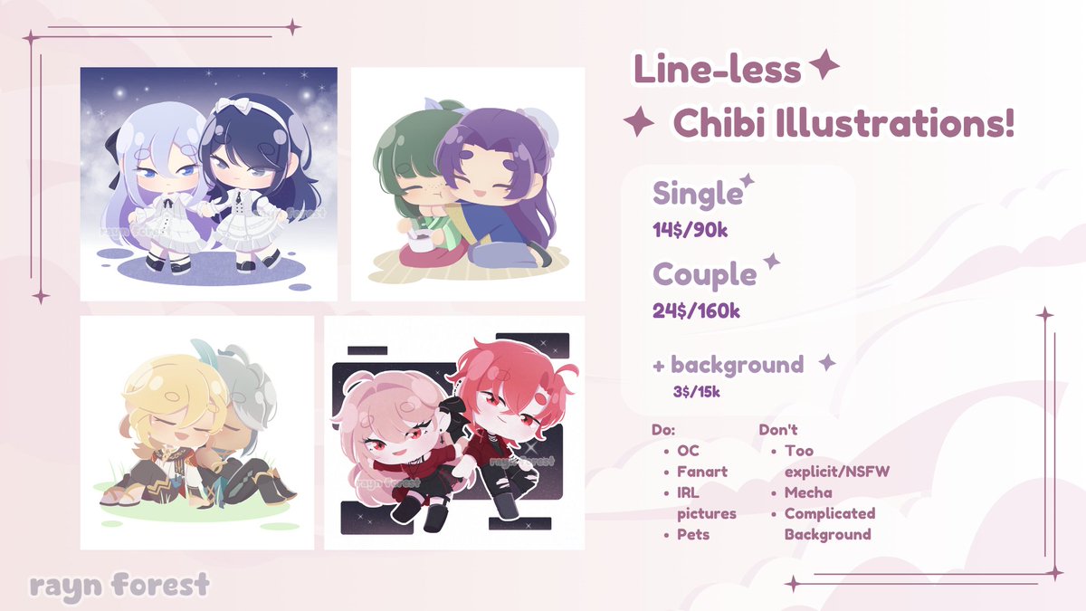 forrestrayyn's tweet image. [❤️ and 🔄 are appreciated!!!]

hi hii! updated my commsheets for local and international 💕!
feel free to DM me if interested~

#VGencomms #commissionsopen #artidn
links, ToS, and more samples below ⬇️