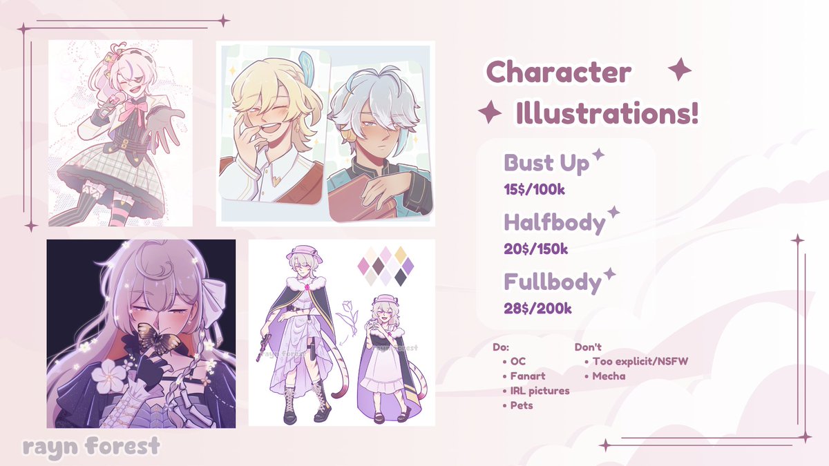 forrestrayyn's tweet image. [❤️ and 🔄 are appreciated!!!]

hi hii! updated my commsheets for local and international 💕!
feel free to DM me if interested~

#VGencomms #commissionsopen #artidn
links, ToS, and more samples below ⬇️