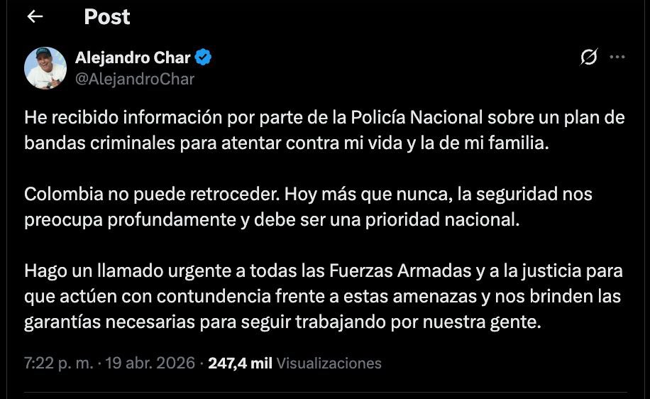 Toda mi solidaridad con <a href="/AlejandroChar/">Alejandro Char</a> en estos momentos tan difíciles y un llamado a las autoridades a extremar las medidas de protección necesarias. 

Colombia debe recuperar la seguridad como pilar fundamental para el desarrollo de la sociedad.