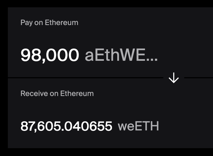smykjain's tweet photo. You can easily swap out 98,000 aEthWETH to stETH at 2% slippage and another 99,000 aEthWETH to eETH at 2% slippage.

On @1inch, powered by @0xfluid 🌊 https://t.co/mxiSSkD879