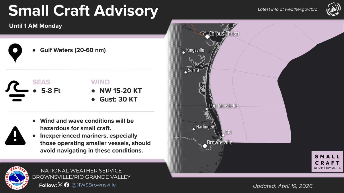 NWSBrownsville's tweet image. A Small Craft Advisory is now in effect until 1 AM Monday. Northwest winds 15 to 20 knots with gusts to 30 knots and seas up to 8 feet will be hazardous to small craft. #txwx #rgvwx #spi