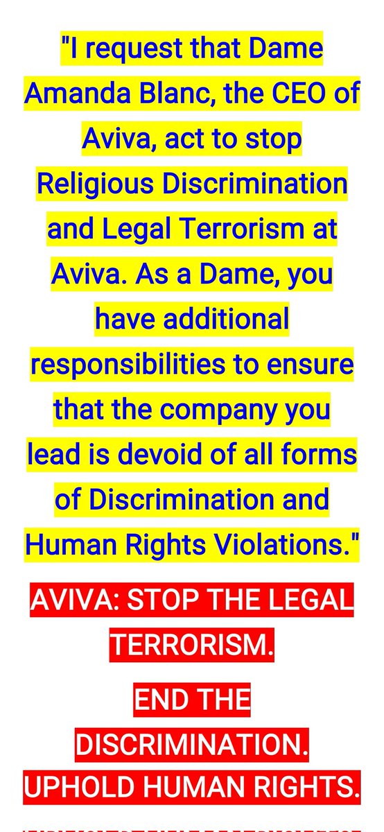 cochinarmy's tweet image. 17 Years of Religious Discrimination and Legal Terrorism by Aviva.
Please Urge Aviva Plc's CEO to Act:
#Discrimination #UnequalTreatment #HumanRightsViolation #LegalTerrorism
#JusticeForAzeem