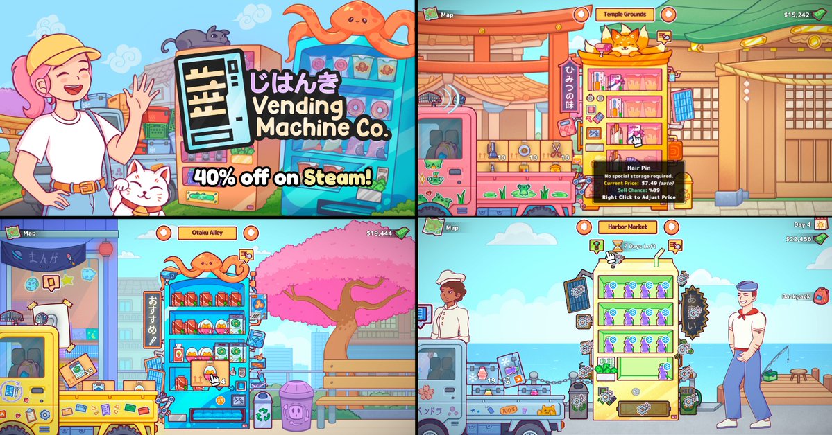 rogueducknet's tweet photo. Run a cozy Japanese Vending Machine business! 🌸 (40% off on Steam)