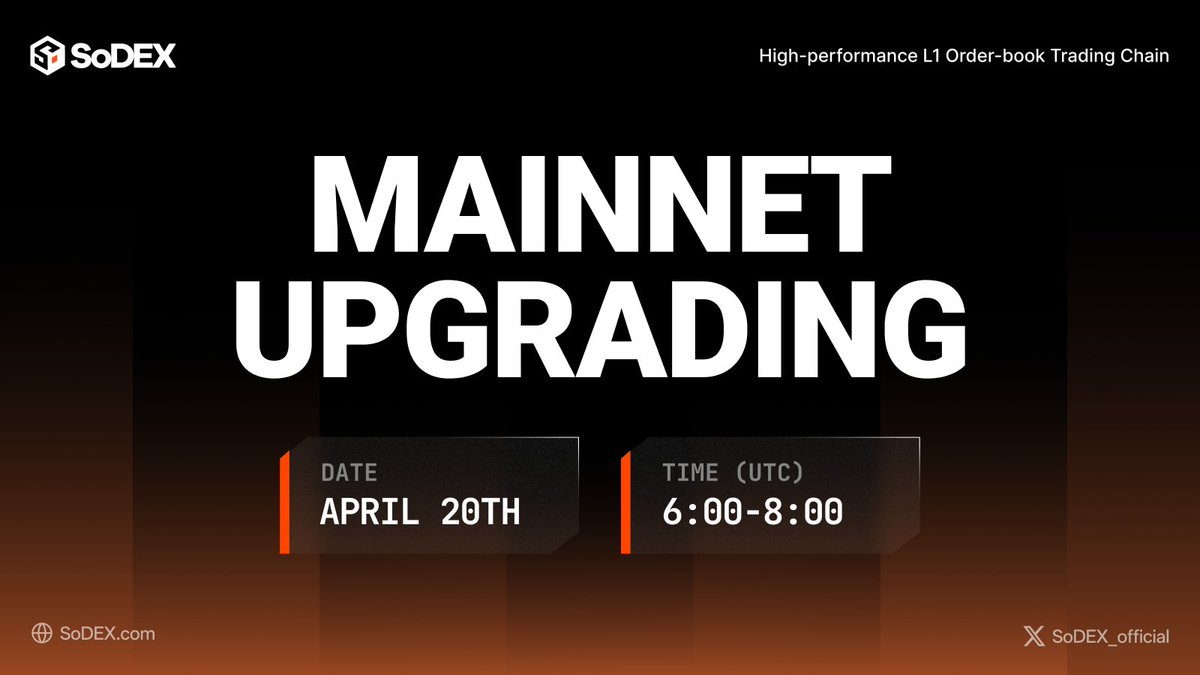 sodex_official's tweet photo. SoDEX v3 Upgrade in Progress

The SoDEX v3 mainnet upgrade is ongoing!
Our engineering team is currently deploying the new core logic to further enhance block production stability and expand API capacity.

Status: Mainnet Upgrade in Progress.

Web Access: All non-trading pages are LIVE and accessible.

Positions: Safe and monitored.During the upgrade, mark prices will not be updated and liquidations will not occur.  However, when the network upgrade is completed, mark prices will be updated to the latest and positions may be liquidated if the market has moved against them during the window. Users are encouraged to review their positions carefully prior to the upgrade and take actions as necessary. 

If you still have an open position when the upgrade starts, please return to SoDEX and monitor the position as soon as the upgrade is completed.

Stay tuned for further updates. 

Thank you for your patience as we upgrade  the engine to power  a faster, stronger SoDEX!

SoDEX Team April 20, 2026