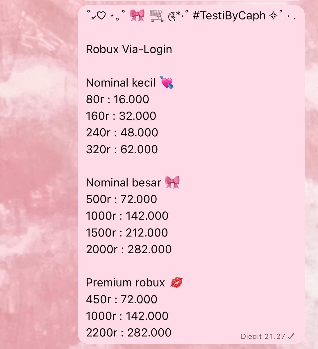 Halo aku open top-up robux via login ya bisa chat dm/wa aja 💋 wa.me/6282214127738 

cek testi #TestiByCaph 🎀