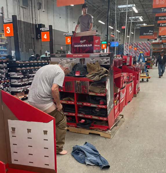 One of the negatives of doing your clothes shopping at Home Depot is the lack of dressing rooms