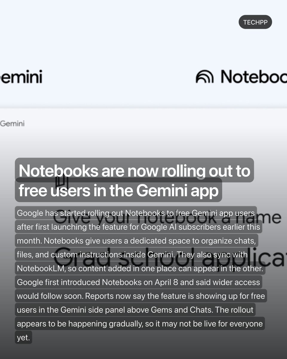 techpp's tweet image. Notebooks are now rolling out to free users in the Gemini app

#Google #Launch #Leak #Notebooks #Gemini #NotebookLM #AI #TechNews