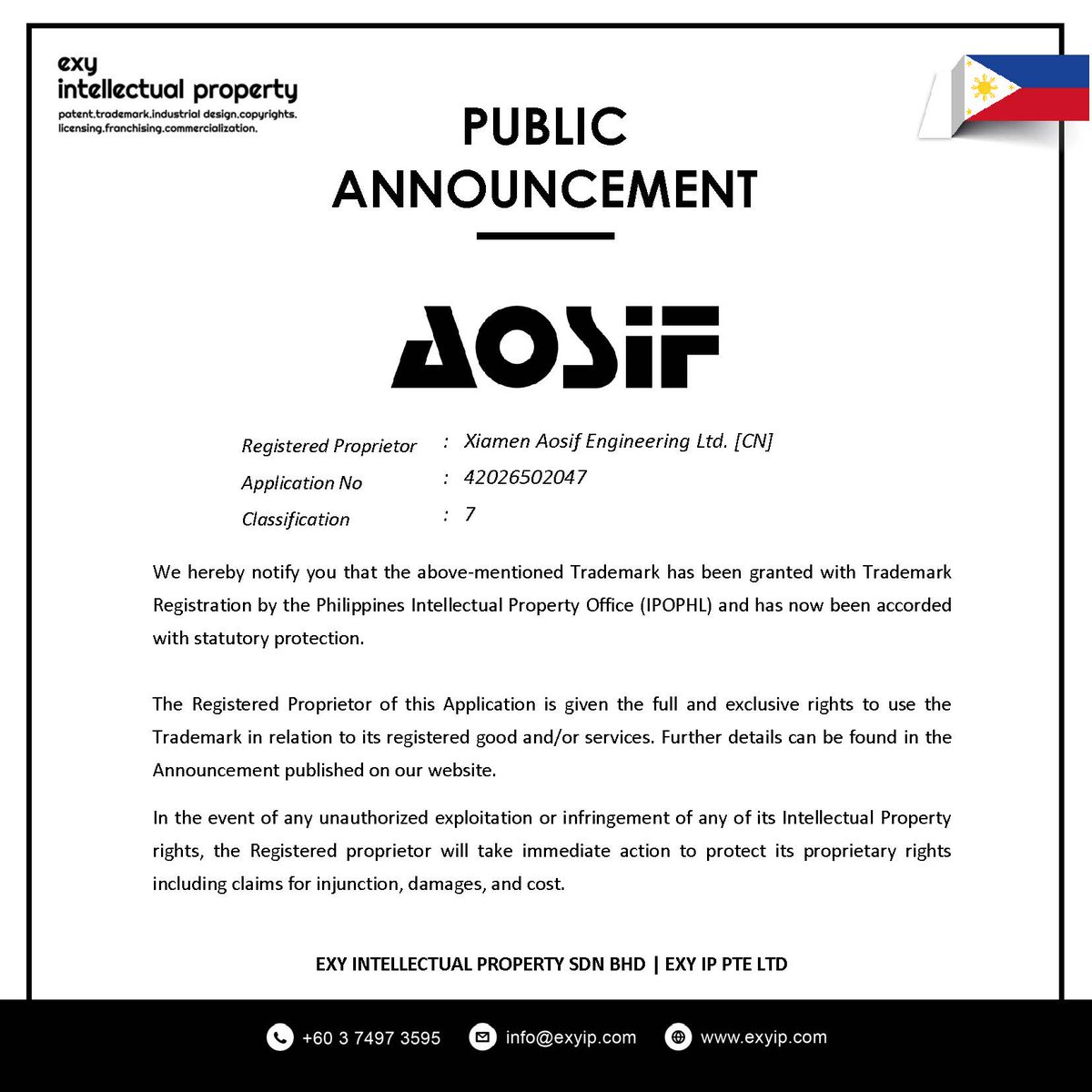 exyip's tweet image. We are very much pleased to inform you that the mentioned Trademark had been successfully granted with Trademark Registration.

Congratulations Xiamen Aosif 🎉 

#ExyIP #Trademark #intellectualproperty
