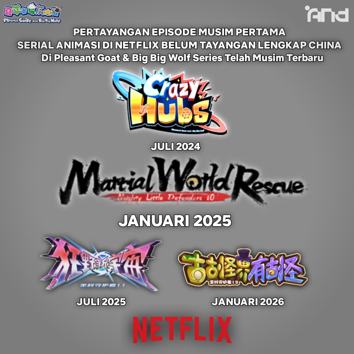 AND_DigitalIDN6's tweet photo. Pertayangan Episode Musim Pertama
Serial Animasi Di Netflix Belum Tayangan Lengkap China

Pleasant Goat &amp; Big Big Wolf
2024 - Crazy Hubs
2025 - Martial World Rescue
2025 - New Wild Cosmos
2026 - Guguguaijie You Guguai

#PleasantGoatAndBigBigWolf
#AnimatedNetworkDigitalID
#ANDID https://t.co/ppVodlaxwn
