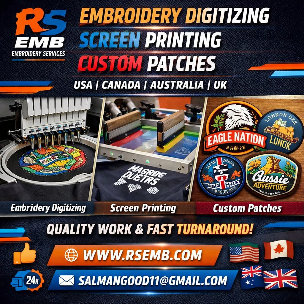 rsembroidery's tweet image. Your designs deserve precision.
We deliver 🔥

Embroidery Digitizing | Screen Printing | Custom Patches
🌍 USA 🇺🇸 AUS 🇦🇺 CAN 🇨🇦 UK 🇬🇧

🌐 rsemb.com
📩 salmangood11@gmail.com

#Embroidery #ScreenPrinting #CustomPatches