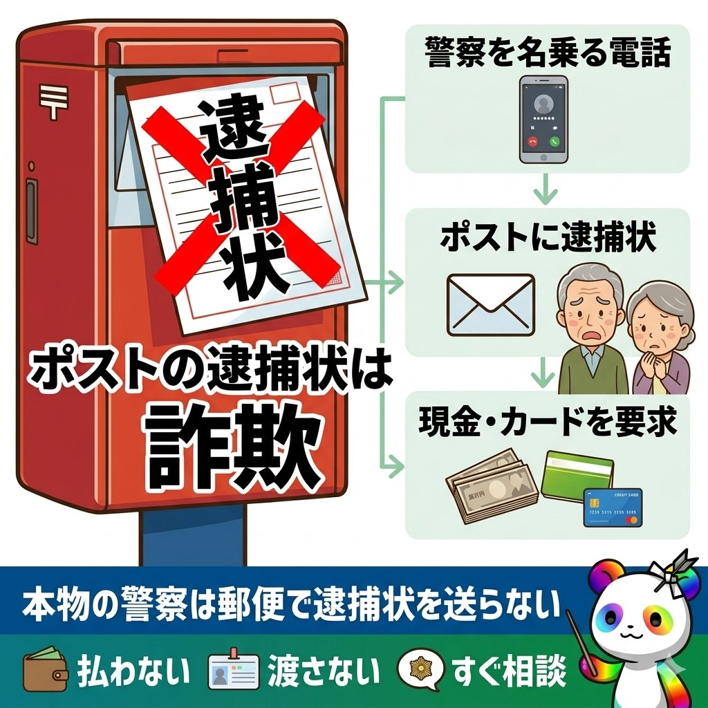 【注意】
ポストに「逮捕状」が届いても、
それは本物ではありません。

詐欺です。

最近は、
警察を名乗る電話
↓
ポストにニセ逮捕状
↓
現金やカードを要求

この流れで、
一気に不安にさせて
判断を止めてきます。

「逮捕状」と書かれると焦りますが、
本物の警察は
郵便で逮捕状を送りません。