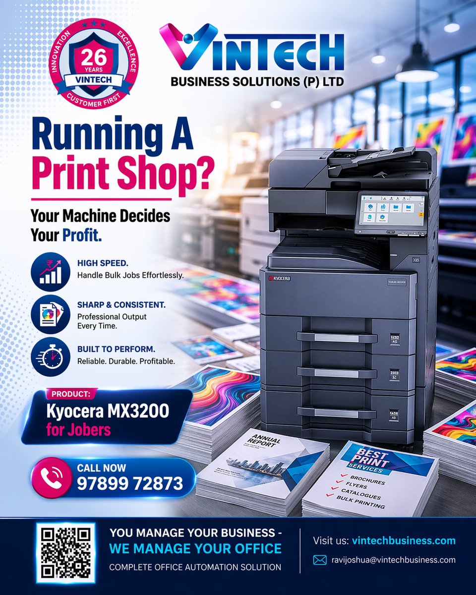 Vintechbspl's tweet photo. In a printing business, every minute matters.

Machine downtime doesn’t just slow work — it directly affects your income.
📞 Contact 097899 72873 Today for a demo

#KyoceraMX3200 #PrintShopBusiness #ChennaiBusiness #PrinterSolutions #BusinessGrowth #VintechBusiness https://t.co/WHwZ5ngMzj