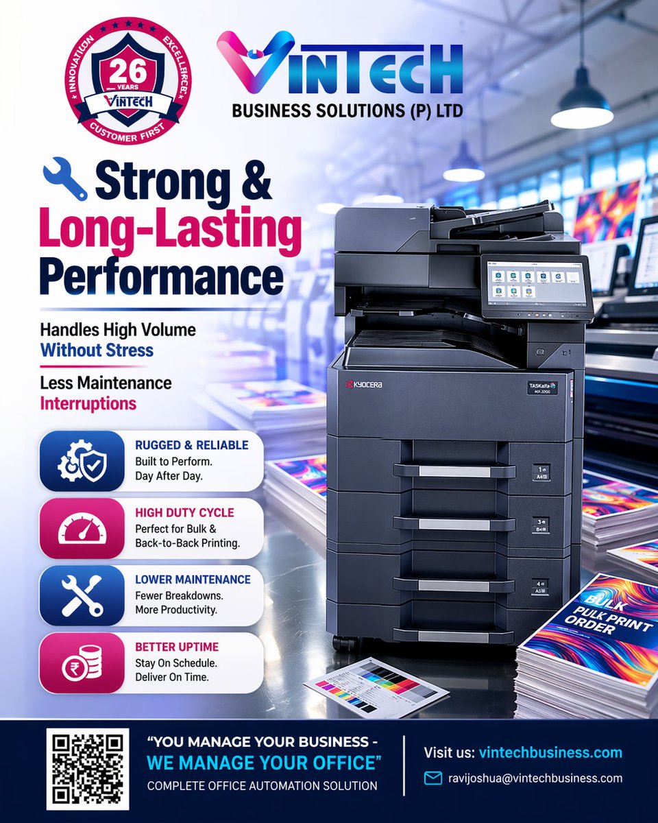 Vintechbspl's tweet photo. In a printing business, every minute matters.

Machine downtime doesn’t just slow work — it directly affects your income.
📞 Contact 097899 72873 Today for a demo

#KyoceraMX3200 #PrintShopBusiness #ChennaiBusiness #PrinterSolutions #BusinessGrowth #VintechBusiness https://t.co/WHwZ5ngMzj