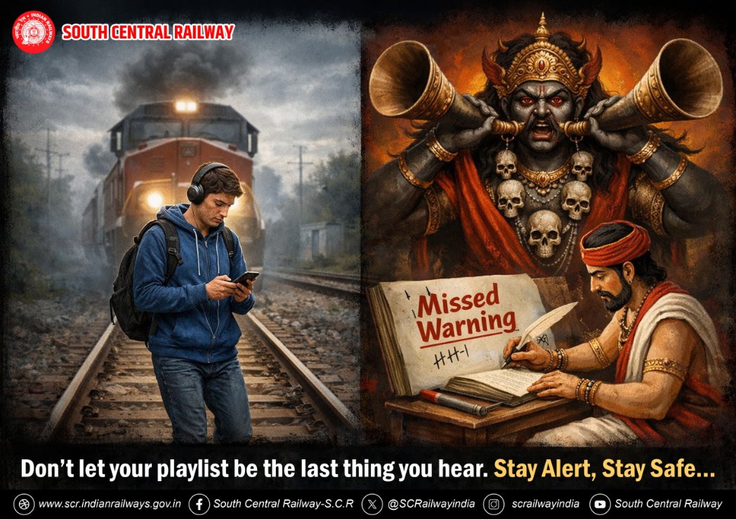 drmned's tweet image. Your playlist can wait; your life can’t. 🎧🚫
Don’t let your headphones be a barrier between you and safety.

#IndianRailways #SafetyFirst #StayAlert #SouthCentralRailway

@RailMinIndia 
@SCRailwayIndia