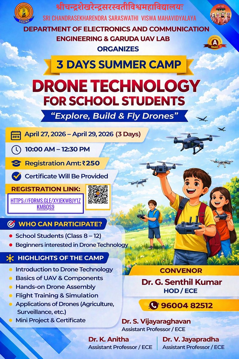 SCSVMVDU's tweet image. 🚁 Not Just Learning… Flying!

Join the Drone Technology Summer Camp @ SCSVMV University

🎯 Build drones
✈️ Fly drones
🧠 Learn future tech

📅 April 27–29
🎓 For Class 8–12

🔥 Limited seats – Register now :  zurl.co/LbW2N 

#DroneCamp #SCSVMV #FutureTech