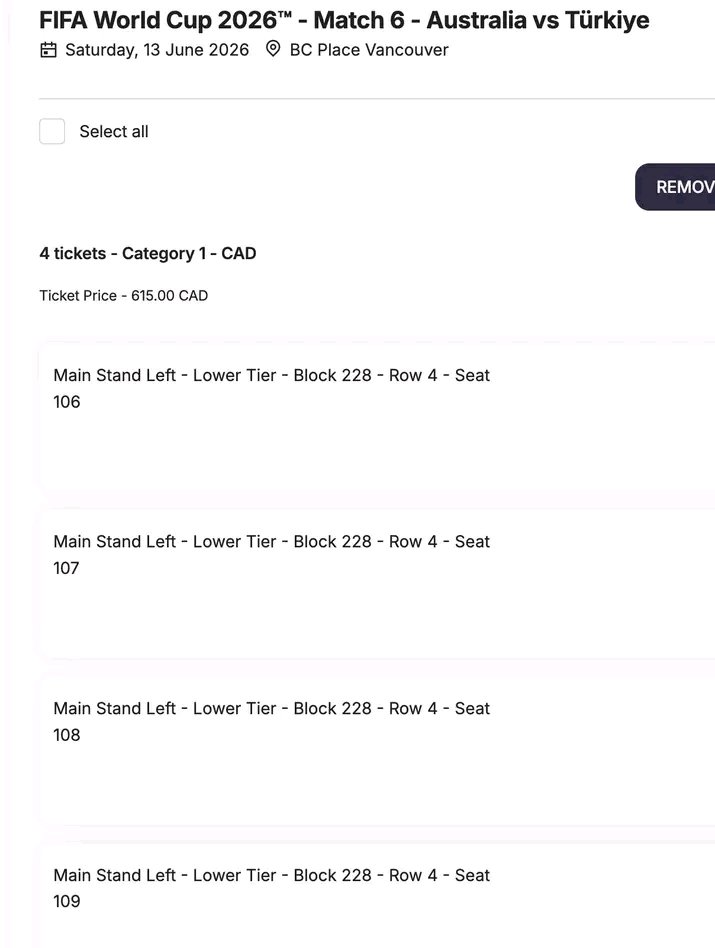 Lugayuan's tweet image. 4 Tickets to Australia Turkey Game.
Great seats!  
Category 1 
Block 228, Row 4!
Don't let FIFA add 30% to the price, DM directly if interested.
#Fifaworldcup2026
#fifaworldcuptickets2026
#Canada
#Vancouver
#Cat1