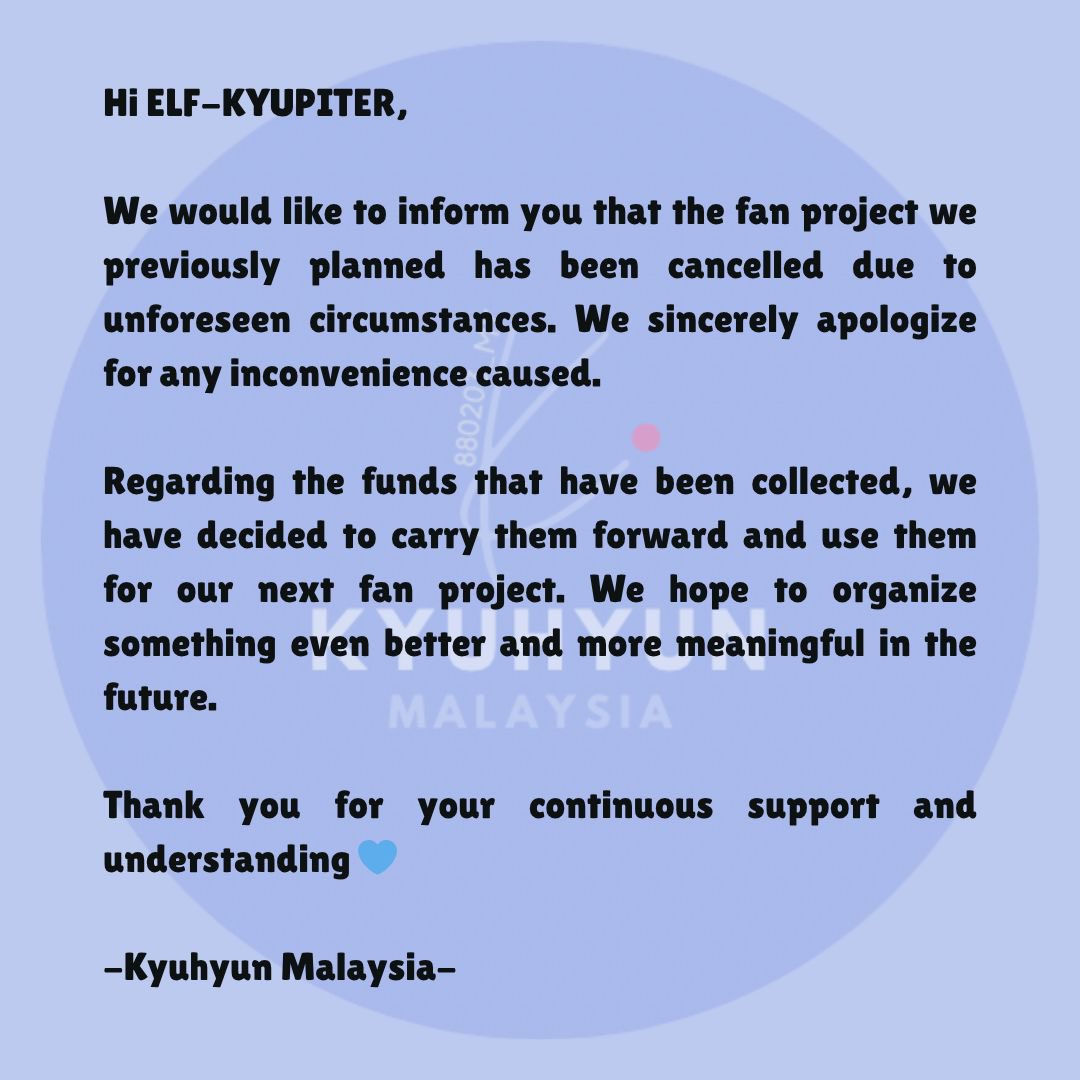 Announcement ~ ELF-KYUPITER 💙💫

We would like to apologise for late announcement. 

Thank you for your support ~

#KYUHYUN 
#규현