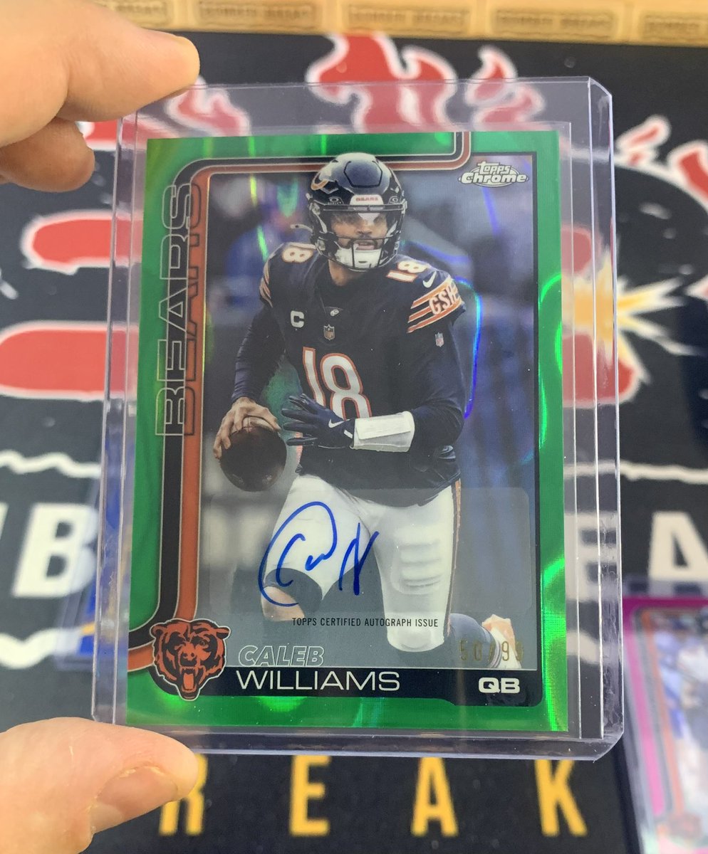 BomberBreaks's tweet image. Green Lava Refractor Auto /99 of Caleb Williams pulled tonight in our @topps Chrome Football breaks! 💥💥 @CALEBcsw @fanatics #footballcards #chicagobears #bears #calebwilliams #toppschrome