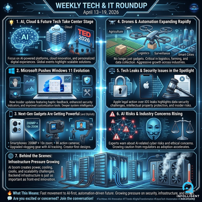 InfolligentSlt's tweet image. AI &amp;amp; cloud innovation dominate 🌐
Windows 11 gets smarter 💻
Next-gen gadgets push performance 📱
Drones expand into real-world industries 🚁
Security &amp;amp; AI risks under spotlight ⚠️
The future = AI-first, automated, fast-moving.
#TechNews #AI #Innovation #ITTrends #FutureTech