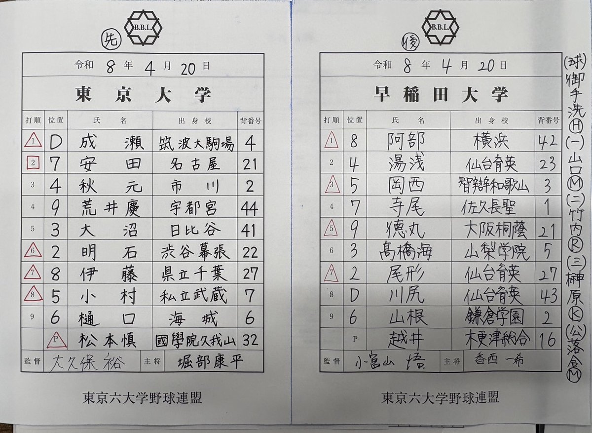 big6_tv's tweet photo. 【東大 - 早大】
スタメン&amp;ベンチ入りメンバー

東大は2回戦で2本のタイムリーを放った4番 #荒井慶斗(③宇都宮)に注目！早大は #川尻結大(①仙台育英)がリーグ戦初スタメン！

📺LIVE視聴はこちら📺
https://t.co/araOdTzvhf

#big6tv #六大学野球 #東大 #早稲田 https://t.co/btE8PwQncF