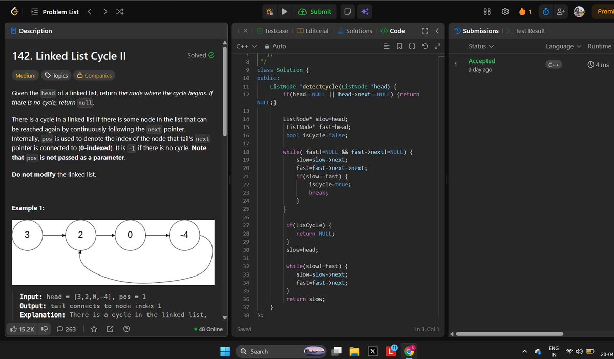 SamruddhiMhjn's tweet image. Day - 61/100                             
Problem -  3903. Smallest Stable Index, 142. Linked List Cycle II 
#LeetCode #100DaysOfCode #BuildInPublic
