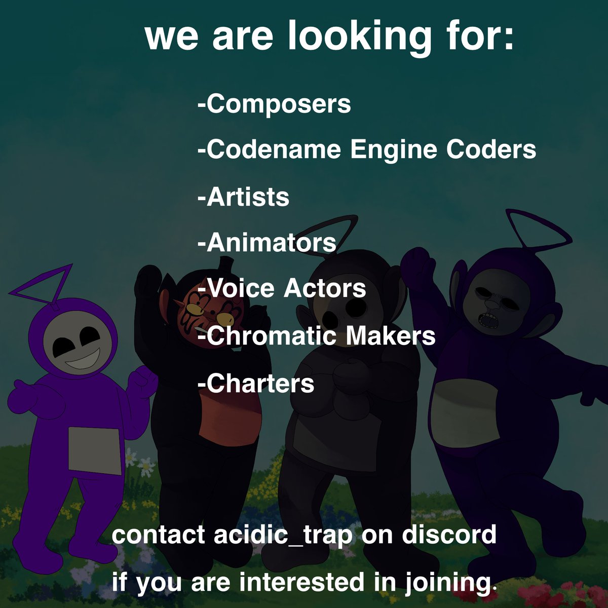 AcidicTrap's tweet image. TERROR AT TUBBYLAND NEEDS YOUR HELP!
Terror at Tubbyland is a Horror Friday Night Funkin' mod about TubbyTerrors (Teletubbies horror media)

Contact acidic_trap on Discord if you are interested in joining.

#Teletubbies #FridayNightFunkin #FNFMod #TubbyTerror #Slendytubbies