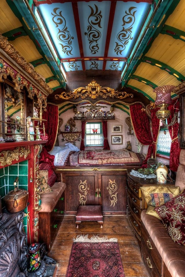 The beautiful interior of a 19th-century Romani (Gypsy) horse-drawn caravan.