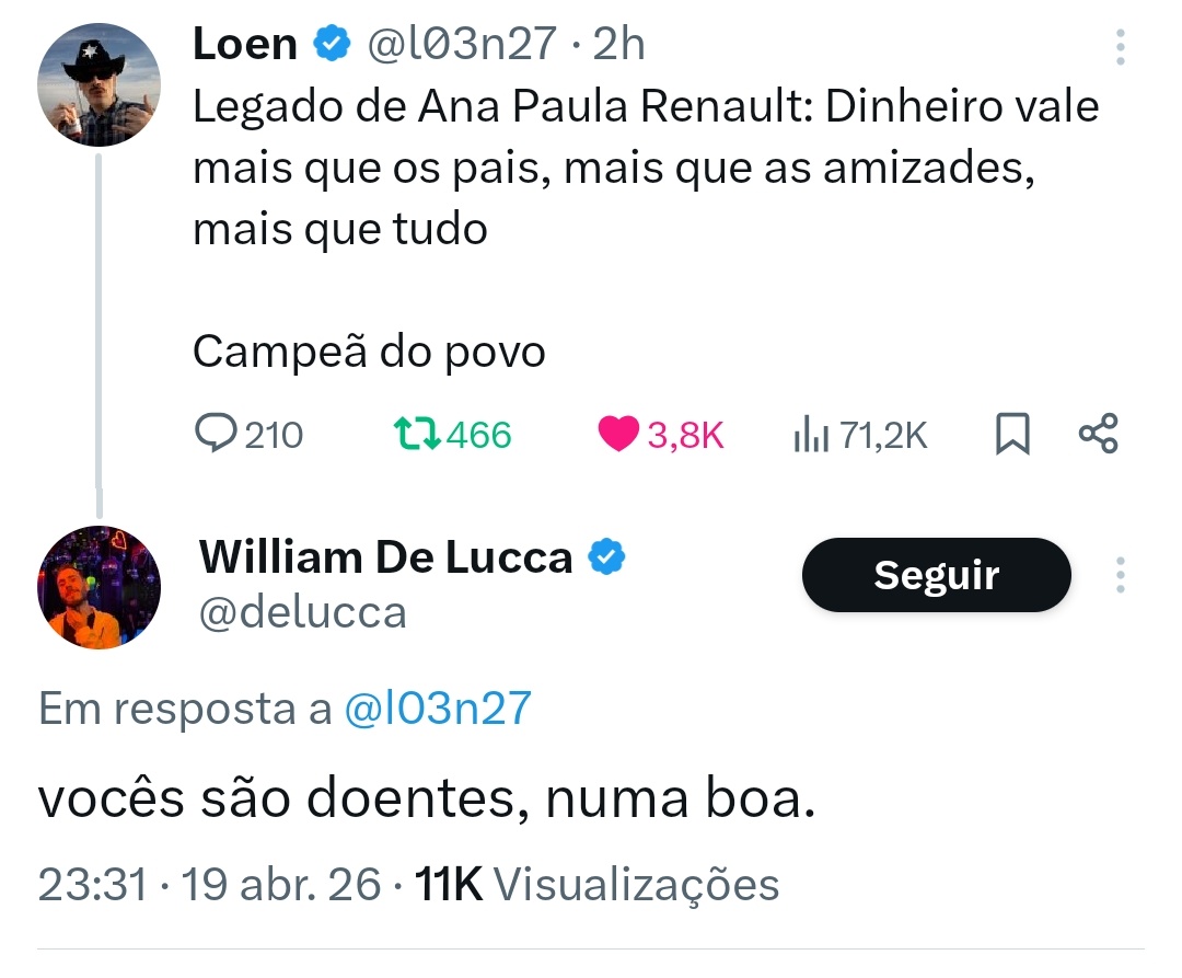 23:59 - hahaha morreu Olavo
0:00 - vcs são doentes, respeitem a morte do pai da Ana.