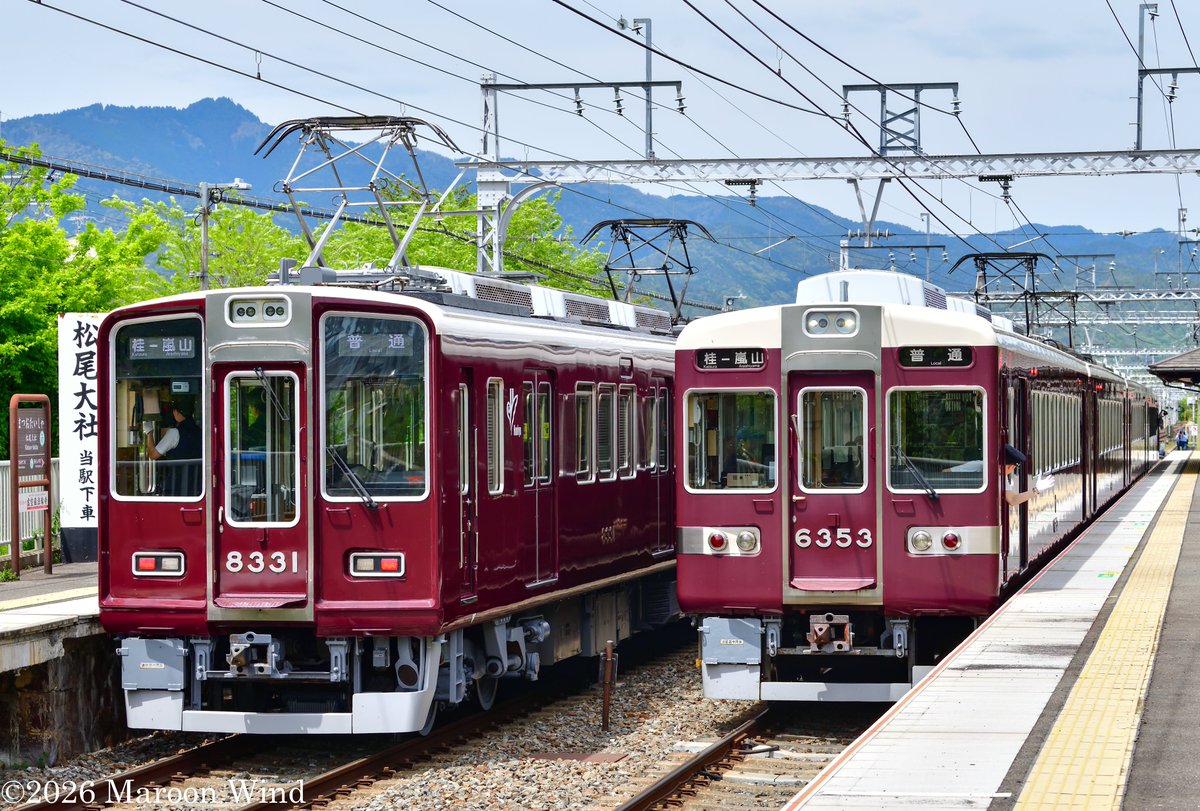 t2BkNzGJxa6NDI7's tweet image. 阪急嵐山線
風前の灯火となった6300系をフォロワー様と記録してきました。
8331Fが投入されて、2扉車と3扉車車とが混在する形で運行されていました。
