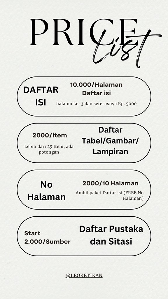 leoketikan's tweet photo. Joki Tugas Rapihin/Benerin file Tugas Rapihinn/Benerin file Makalah, Skripsi, Tesis, dll
- Bikin Daftar isi
- Daftar Tabel
- Daftar Gambar
- Daftar Lampiran
- Benerin no halaman (bisa custom)
- Ketik

info lebih lanjut atau mau tanya2 dulu bisa hubungin👉
https://t.co/a2rFHFyccr https://t.co/c5XtLAfMvl