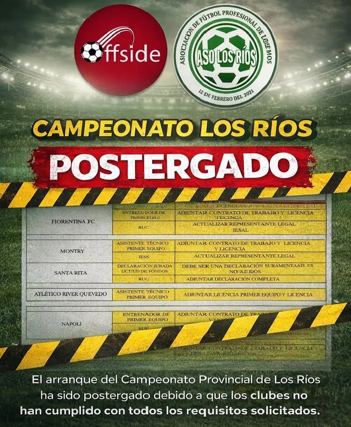 EcOffside's tweet photo. Fútbol de #LosRíos en Espera Piden Postergación del Torneo  por Licencias de Clubes, así notificó  la Dirección de Competencias de la Federación Ecuatoriana de Fútbol (FEF) indica que solo tres clubes  cuentan con la licencia profesional  para participar del campeonato 
#Offside https://t.co/Fw5b3KUjSx