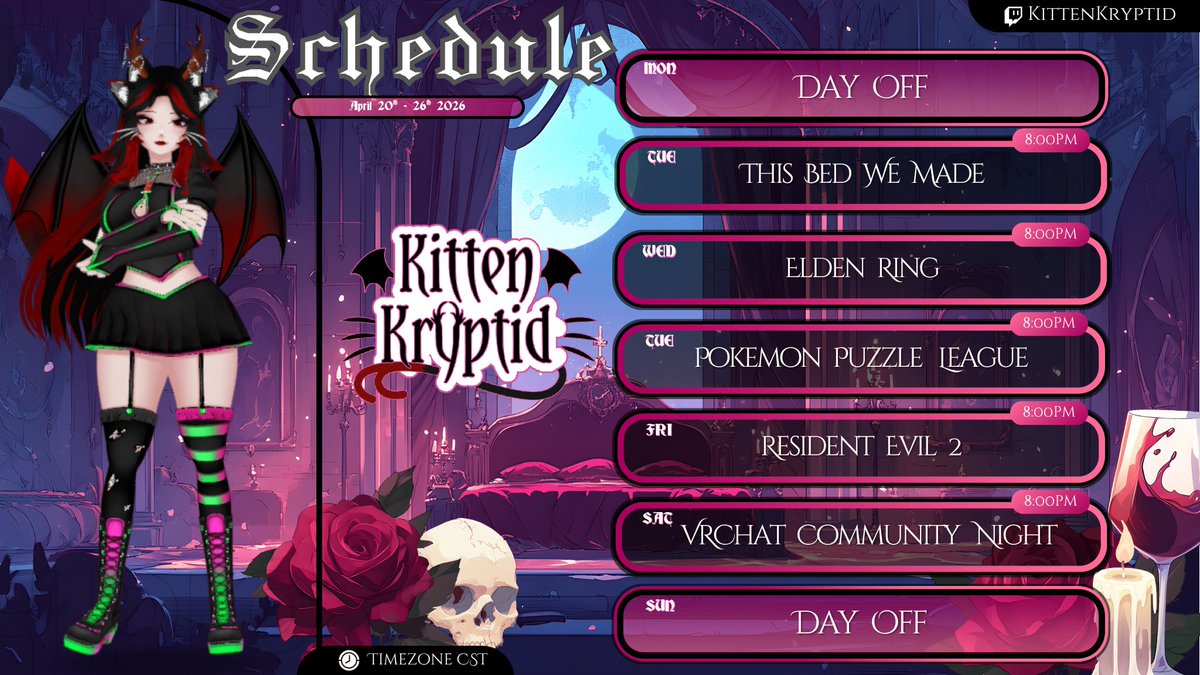 kitten_kryptid's tweet photo. Schedule for this week!! (Apr 20 - Apr 26) https://t.co/YvcFtw7Gge #vtuber #twitch #ENVtuber #gamingsky #gaming #disabledvtuber #indievtuber #stream #cast #broadcast #gamer https://t.co/ZVx2R6xEwe