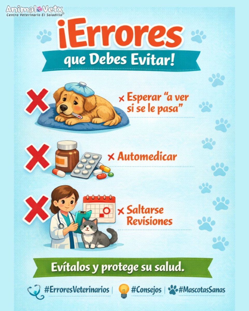 animalvetx's tweet image. ❌ Esperar “a ver si se le pasa” ❌ Automedicar ❌ Saltarse revisiones. Evítalos y protege su salud.
#ErroresVeterinarios #Consejos #MascotasSanas