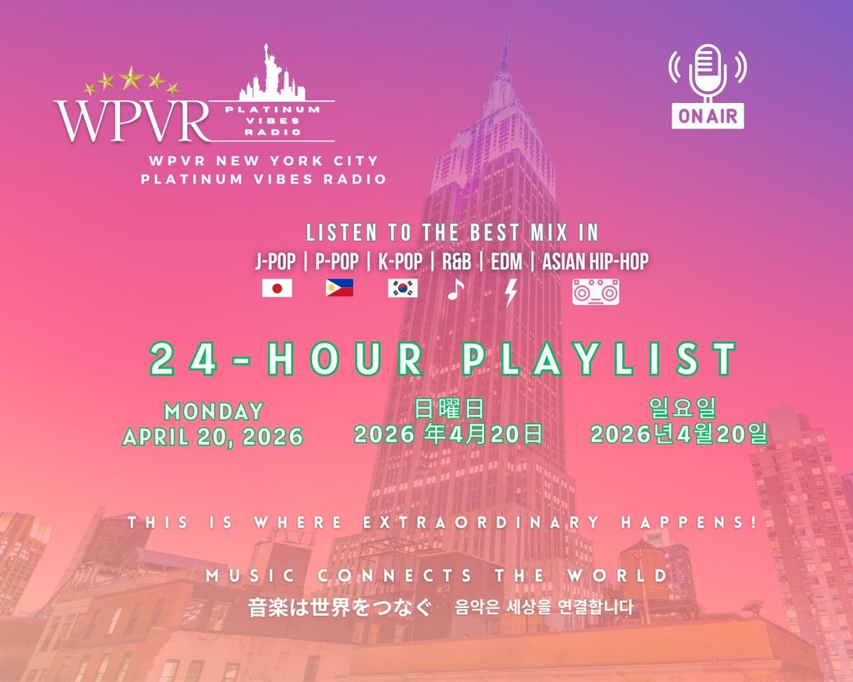 platinumvibes8's tweet image. Greetings Platinum World! Here is your WPVR NYC Platinum Vibes Radio 24-Hour playlist for Monday, April 20, 2026.

Tune in for the best mix of J‑Pop, P‑Pop, K‑Pop, Asian Hip‑Hop, R&amp;amp;B &amp;amp; EDM.  
   
Playlist: docs.google.com/spreadsheets/d…

Listen:  onlineradiobox.com/us/platinumvib…

This is Where