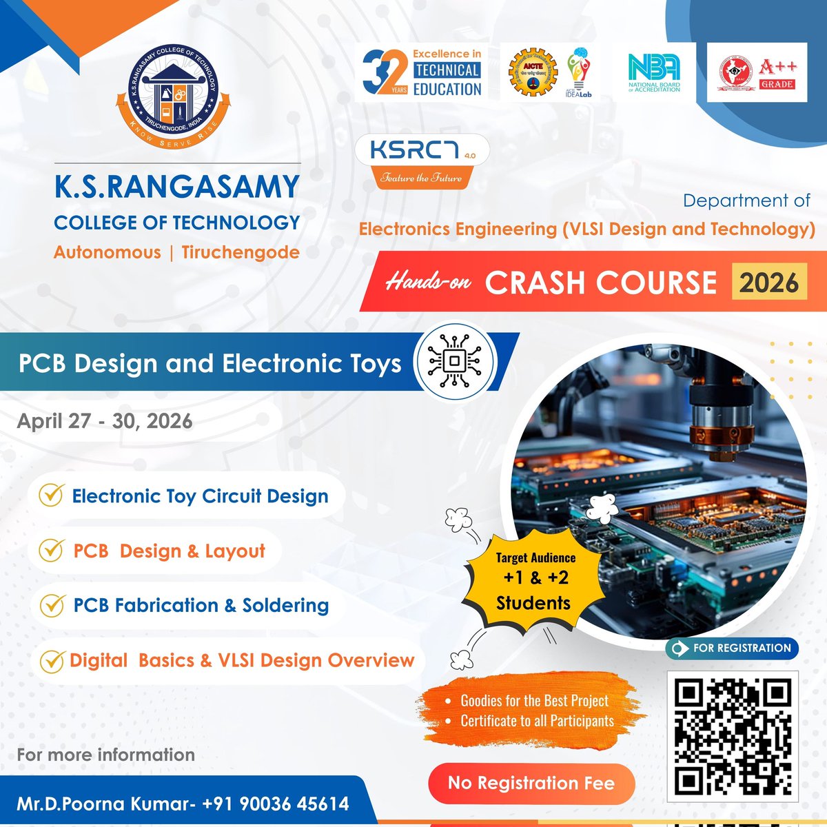 ksrct1994's tweet photo. Hands-on Crash Course - 2026 on "PCB Design and Electronic Toys" from April 27 - 30, 2026.
Target Audience: +1 and +2 Students
For Registration: https://t.co/KBJxCA3g8S
#ksrct1994 #ksr #ksrei #PCBDesign #ElectronicsEngineering #VLSIDesign #TechWorkshop #HandsOnLearning https://t.co/3Q4Q0OD99K