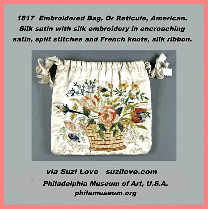 suzilove's tweet image. 1817 Silk satin embroidered Bag, Or Reticule, American. As would have been hand sewn by ladies in Bridgerton and Jane Austen years. #reticule #bag #bridgerton #janeausten books2read.com/suziloveReticu…
