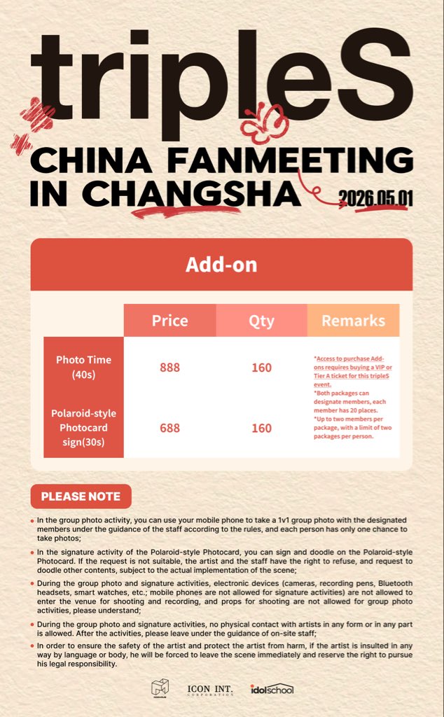 ICONINT's tweet photo. [📢] tripleS CHINA FANMEETING in Changsha

Special Surprise!! Limited Edition Add-on Gift Package is Here 🎉

🗓 Add-on Sale Start Time
2026.4.22 18：00 CST

🎫 Ticket Link
 https://t.co/5ePqDWSEji

*Due to possible system delays, to ensure you can purchase the add-on gift package on time, you are advised to buy your admission ticket before 15:00 (CST) on April 22. (Purchases made after the specified time will result in delayed eligibility for the add-on purchase.)

#tripleS
