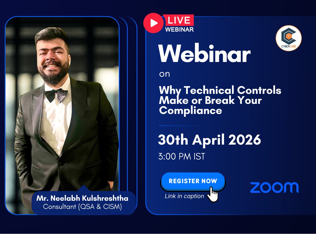 CyberCube24's tweet photo. Join us on 𝗔𝗽𝗿𝗶𝗹 𝟯𝟬 𝗮𝘁 𝟯:𝟬𝟬 𝗣𝗠 𝗜𝗦𝗧 for webinar on
“𝗪𝗵𝘆 𝗧𝗲𝗰𝗵𝗻𝗶𝗰𝗮𝗹 𝗖𝗼𝗻𝘁𝗿𝗼𝗹𝘀 𝗠𝗮𝗸𝗲 𝗼𝗿 𝗕𝗿𝗲𝗮𝗸 𝗬𝗼𝘂𝗿 𝗖𝗼𝗺𝗽𝗹𝗶𝗮𝗻𝗰𝗲”

🎙️Speaker: Mr. Neelabh Kulshreshtha (Consultant – QSA &amp; CISM)

𝙍𝙚𝙜𝙞𝙨𝙩𝙚𝙧 𝙣𝙤𝙬:https://t.co/LV7lMZuZzb https://t.co/Kw0gR2ND5u