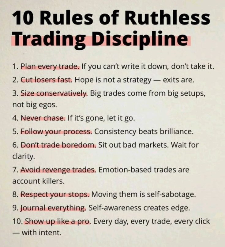 D_wlth's tweet image. Discipline is the real edge in trading 

If you want to trade like a pro, you have to act like one.

Save these rules. Read them before every market open 

✔️ Plan the trade
✔️ Respect the stop
✔️ Leave your ego at the door

No discipline, no profits. Simple.
#forex