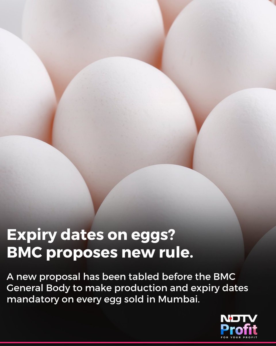 NDTVProfitIndia's tweet image. New proposal in BMC: Mandatory expiry dates on eggs in Mumbai.
Demand grows for Maharashtra to follow UP’s food safety standards to stop the sale of rotten eggs. Discussion slated for April. 

#Mumbai #FoodSafety #BMC #HealthNews #Maharashtra