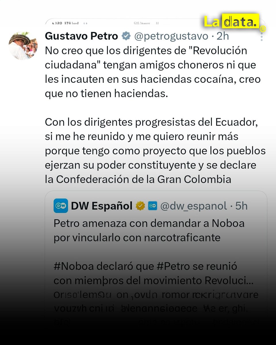 ladataec's tweet image. #Tendencia ¿Delirio Bolivariano o "Resaca" Tuitera?: Petro quiere refundar la Gran Colombia de la mano de la Rc.

Entre botellas vacías y sueños de opio, el mandatario colombiano propone unir fronteras justo cuando sus aliados ecuatorianos dicen no tener ni dónde caerse muertos,