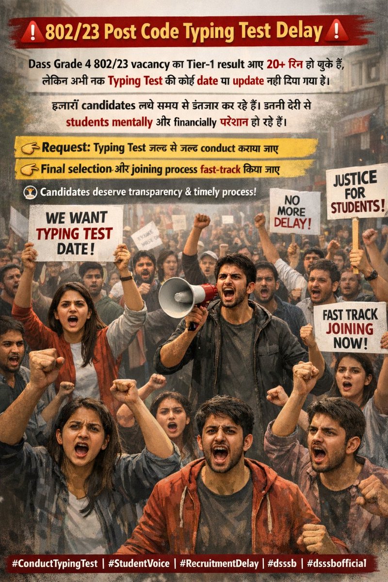 karan05102002's tweet photo. @subhas_mahia 
DSSSB 802/23 Typing Test Delay
20+ days since Tier-1 results for DASS GradeIV (802/230 but still no skill Test schedule! candidates are in mental stress.
✅ Immediate Typing Test dates
✅ Clear recruitment timeline
@dsssbofficial @LtGovDelhi
#DSSSB #DASSGrade4 https://t.co/8r6v3DpyU2