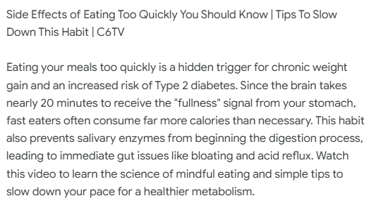 C6tvchannel's tweet image. Side Effects of Eating Too Quickly You Should Know | Tips To Slow Down This Habit | C6TV
#eatinghabits #healthy #food 
 #HealthyEating
#MindfulEating
#Health
#Lifestyle
#Fitness
#Wellness
#LatestNews
#Nutrition
#Diet
#Habits
#C6TV