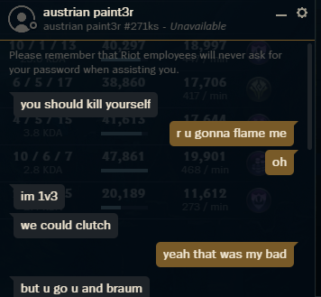 Maach0's tweet photo. Hey @drewlevin sorry to bother you, I just got this message in dms after game, if I report him in the after game client thing, would this still show up for a ban reason?

I get these friend requests a lot after games and they tell me stuff that's clearly TOS and then unfriend me. https://t.co/JYmrWiigjU