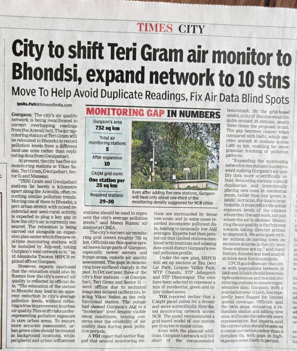 IpsitaTOI's tweet photo. Gurgaon to shift TERI Gram #airmonitor to Bhondsi, expand network to 10 stations to fix data gaps and avoid duplicate readings. But here’s the catch: even after expansion, the city will have only 1/3rd of the monitoring density recommended under the grid-based norm. https://t.co/RoVd5ZrmiN